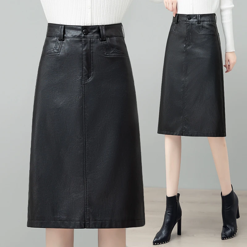 

Кожаная юбка, женская юбка средней длины, новая осенне-зимняя модель с разрезом сзади, кожаная юбка выше колена, утягивающая фигуру, из искусственной кожи.
