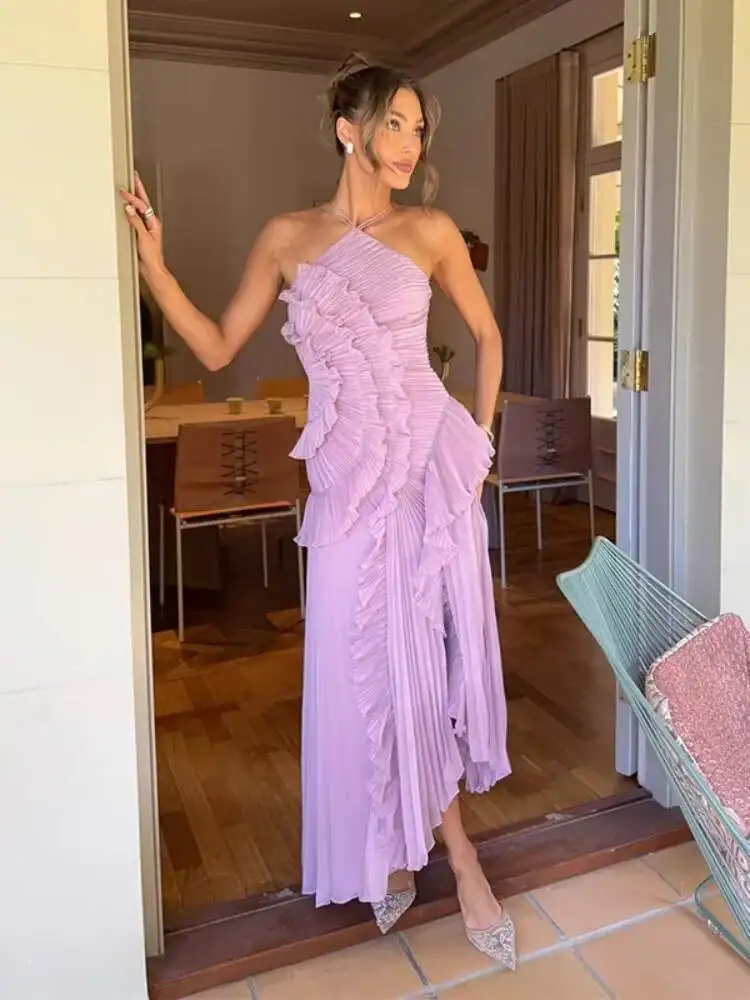 Elegante Halsband Ruches Avondjurk Effen Plooien Een Lijn Lace Up Backless Sexy Feestjurk Nieuwe Feestvakantie Y2k Gewaad ZBA8