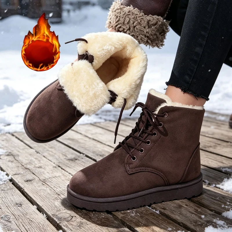 Women Winter Lace-up Snow Boots Suede Look Upper Fleece Lined Non-slip Thick Sole Warm Ankle Combat Boots