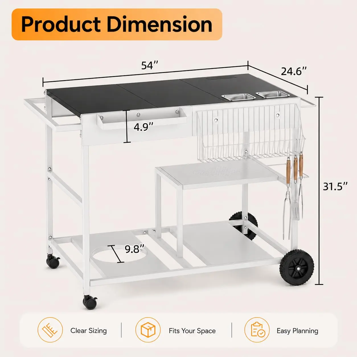 Kitchen Storage Cart with Spice Basket, Paper Towel Holder, Lockable Wheels, Bottle Opener & Trash Bag Holder, Customized