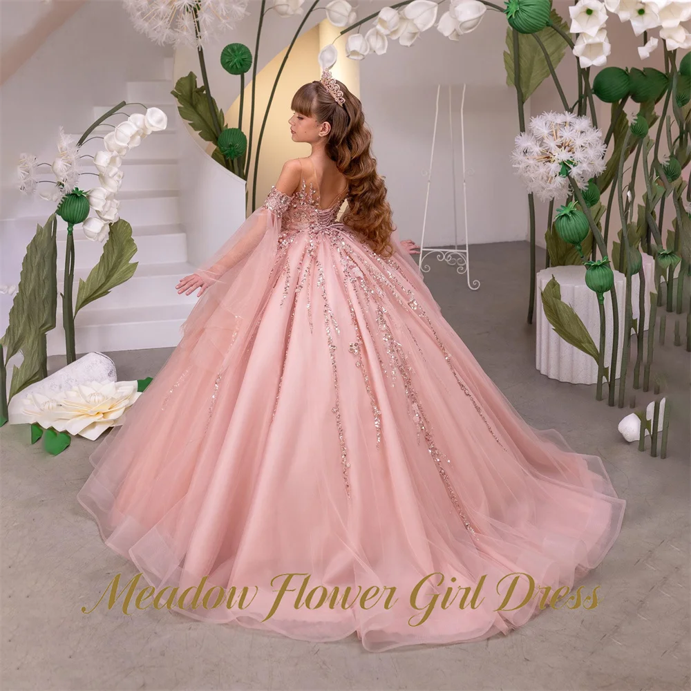 Meadow Dusty Pink Children Birthday Wedding Dresses Flare Long Sleeves First Communion Gown Glitter Sequin Girls Princess Dress