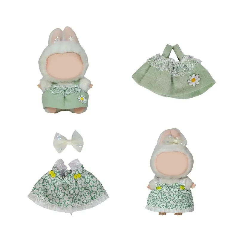 

17cm Labubu Doll Clothes Set Kawaii Green Dress Outfit with Bow Hair Accessories Fashion Doll Changing Costumes DIY Kid Gift