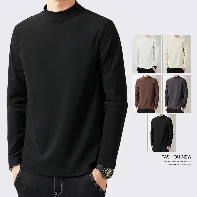 Heavyweight 260g Double-Sided Velvet Half-High Collar Men's Long Sleeve T-Shirt Autumn Winter Base Layer Shirt Casual Style