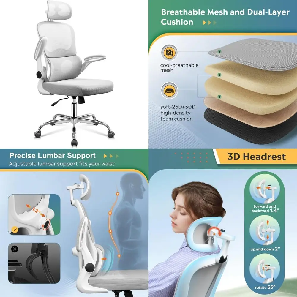 

Ergonomic Mesh Office Chair with Adjustable Lumbar Support, Large Cushion, Flip-up Armrests, 90-125° Tilt, and Rocking Feature