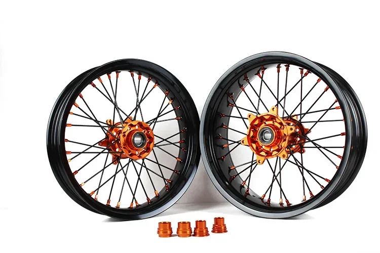 2023 New Years 17 inch Supermoto Wheels Rims Set Compatible with 125 250 450 530cc EXC SXF 2003-2023 Orange Hub Black Rim