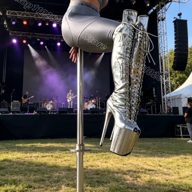 Sliver Peep Toe Performance Boots Side Zipper Platform Stiletto Patent Leather Women Fashion Dancing Boots Zapatos Para Mujere
