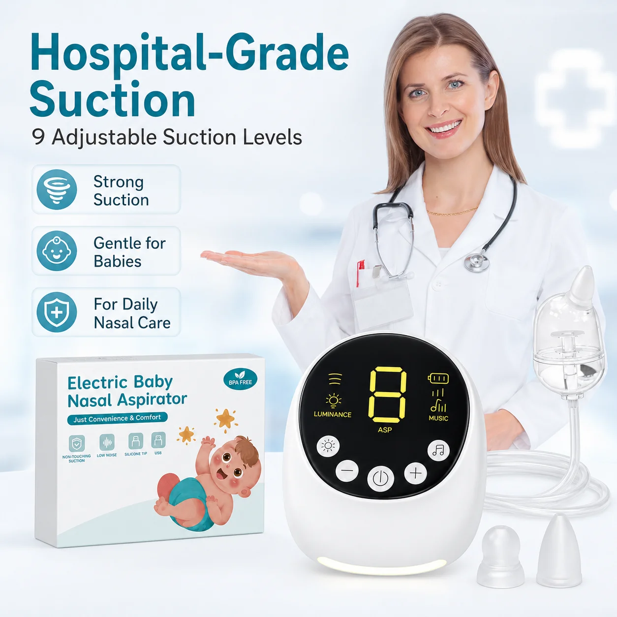 Nasal Aspirator for Baby, Hospital Grade, Electric Baby Nose Sucker with Adjustable 9 Levels Suction, Rechargeable with Night Li