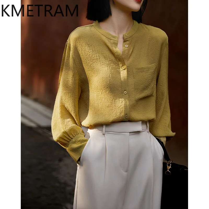 

KMETRAM Spring 3 Colors Lantern Sleeve Blouse Woman Solid Stand-Collar Tops for Woman Clothing 2025 Summer Blusas Para Mujer