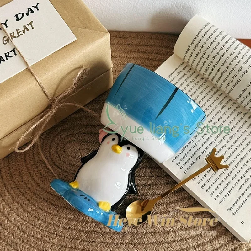 Cute Hand-painted Three-dimensional Penguin High Footed Cup, Birthday Gift Girl Mug, High-value Ceramic Cup As A Souvenir