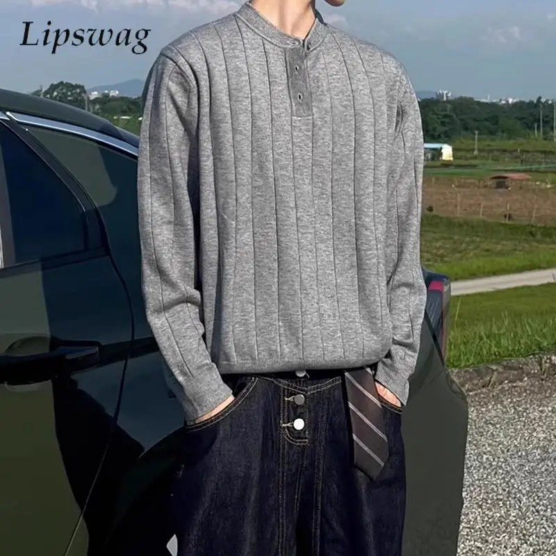 

Trendy Mens Solid Color Sweaters Streetwear Vintage Button Stand Collar Knit Henley Shirt For Men 2026 Spring New Casual Sweater