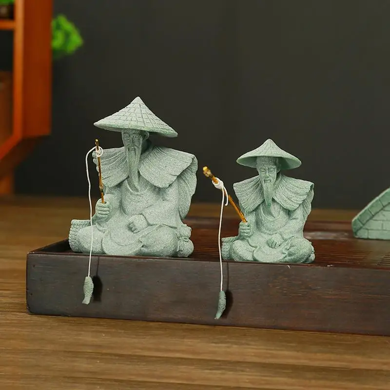 Fisherman Mini Figure Sandstone Old Man Statues Fairy Garden Figurine Asian Japanese Zen Decoration For Aquarium Fish Tank Pot