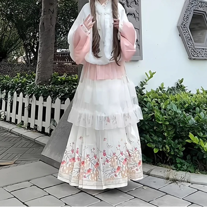 

Original Design Chinese Pink Fleece-Lined Women's Cape Coat Autumn Winter New Pipa Sleeve Mamian Skirt Lolita Skirts Set Ladies