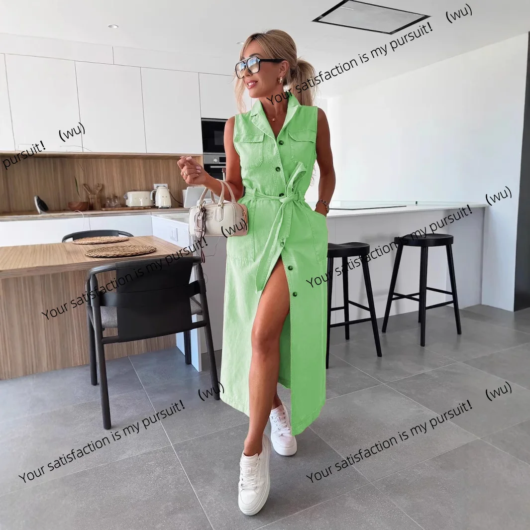 

New sleeveless long strap-up waist single-breasted denim dress