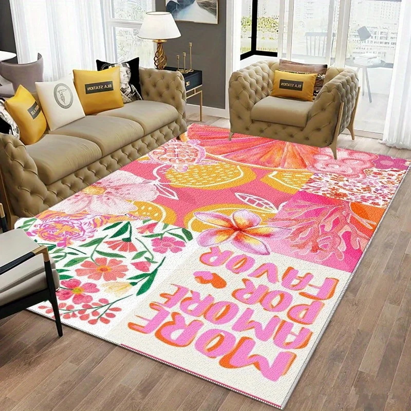 VIKAMA Boho Tropical Fruit Floral Patchwork Area Rug Pink Lemon Flower Collage Print Non‑Slip Carpet for Living Room Home Decor
