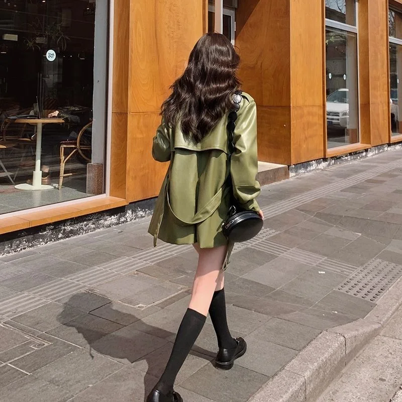 2024 Spring Women Casual Mid-length Green Faux PU Leather Jacket With Sashes Autumn Lapel Long-sleeve Pu Biker Jacket Streetwear