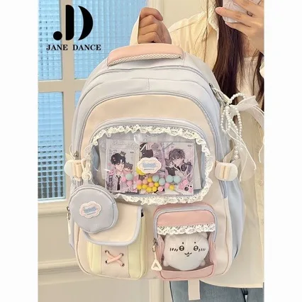 AKawaii Lace Ita Backpack for Girls Sweet Pastel Color Block Multi Clear Window Large Capacity Student School Bag  Rucksack