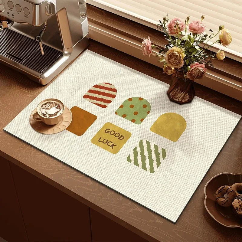 VIKAMA Memphis Abstract Polka Dot Kitchen Drying Mat, Water Absorbent Non‑Slip Quick‑Dry Countertop Mat