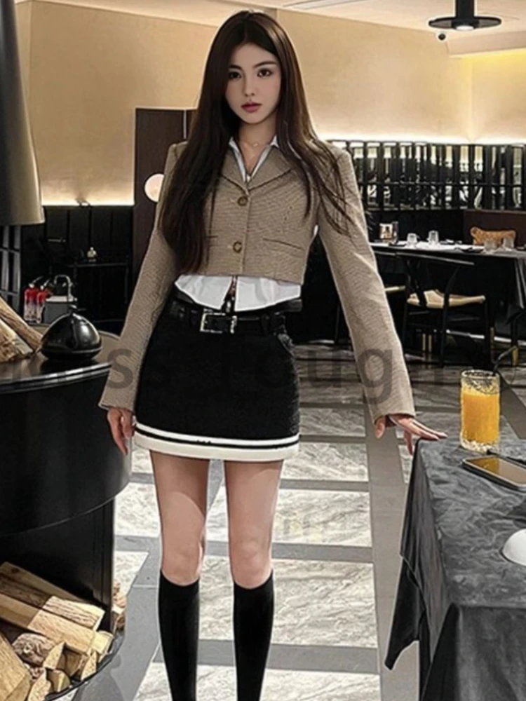 Autumn Fashion Slim 3 Piece Set Women Elegant Pretty Solid Shirt + Long Sleeve Coat Female Chic Design Thin Mini Skirt Suit New