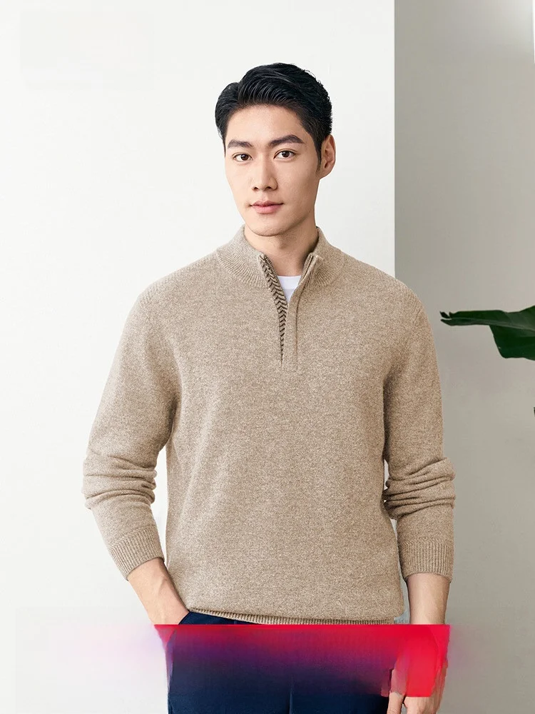 Men's Wool Cashmere Sweater Half High Zip Knitted Winter Fashion Urban Style Straight Cut Long Sleeve Thickened Daily Wear