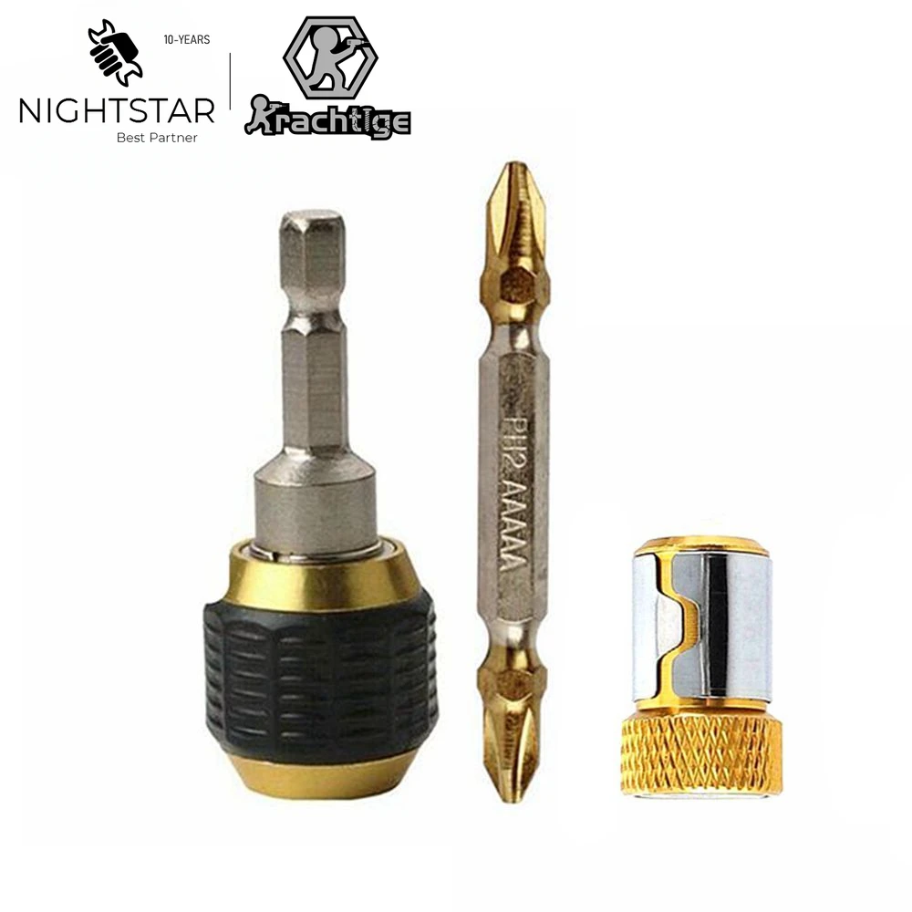 3Pcs Titanium Coated PH2 Cross Double Head Screwdriver Bit + Drill Chuck 1/4 Hex Shank Quick Change Connector + Magnetic Ring