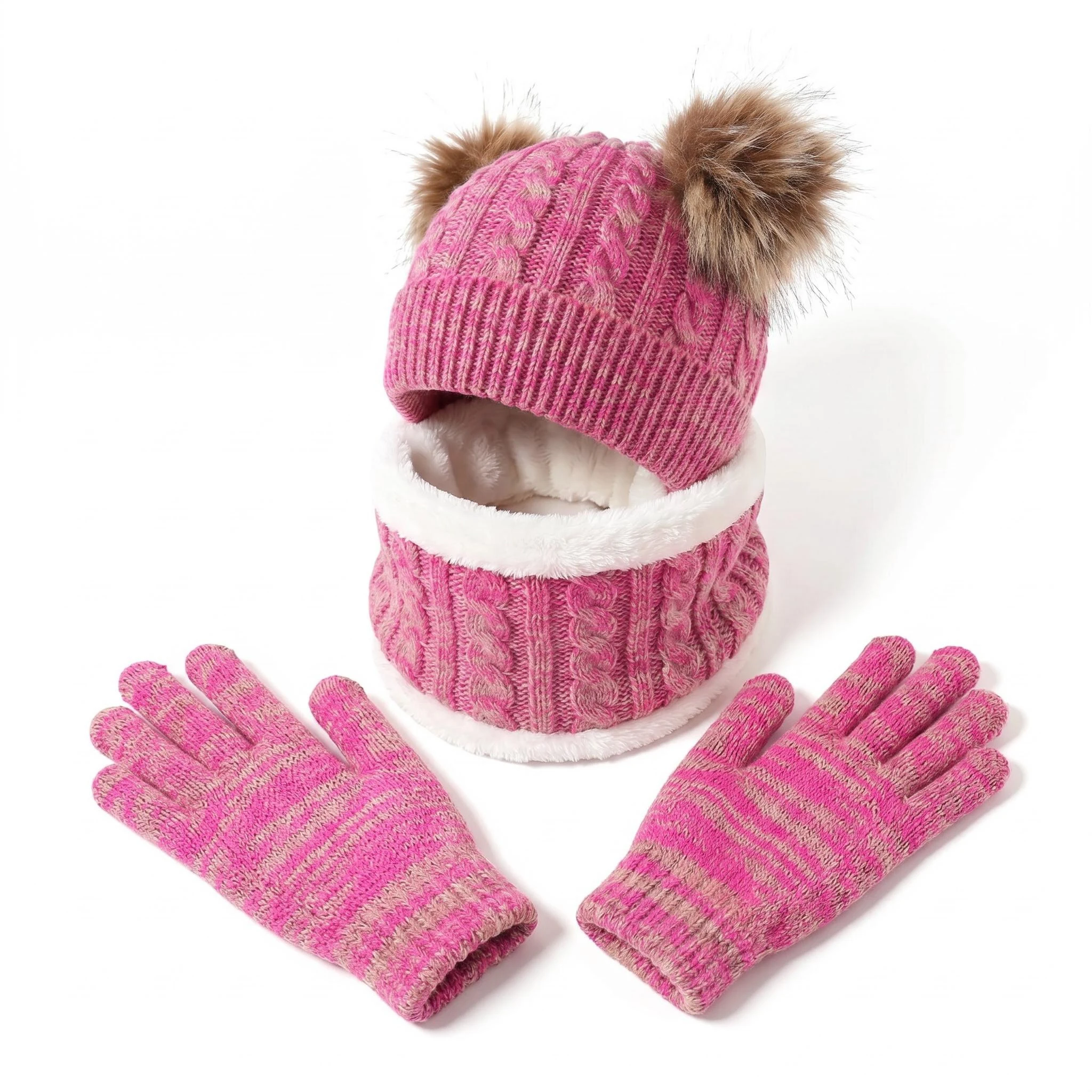 Set di 3 pezzi in stile retrò per bambini: cappello invernale a doppia palla, sciarpa e guanti in maglia.