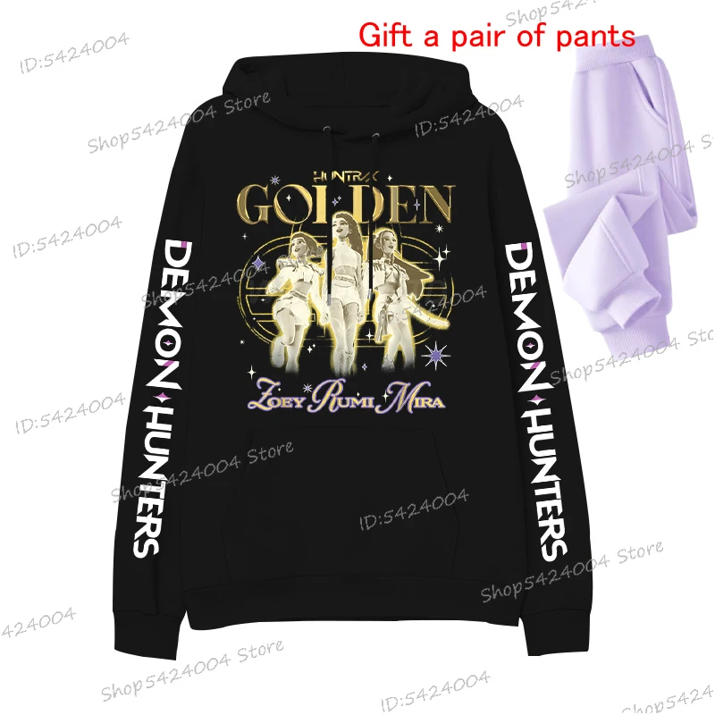 

Women's KPop Demon Hunters Print Casual Pants Set Men Long Sleeve Pocket Hoodie and Drawstring Anime KPop Sweatshirt Trousers