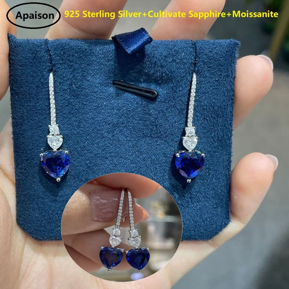 

Apaison Moissanite&Sapphire Earrings Drop Earrings For Women Wedding Engagement Prom Party 925 Sterling Silver Jewelry Gift