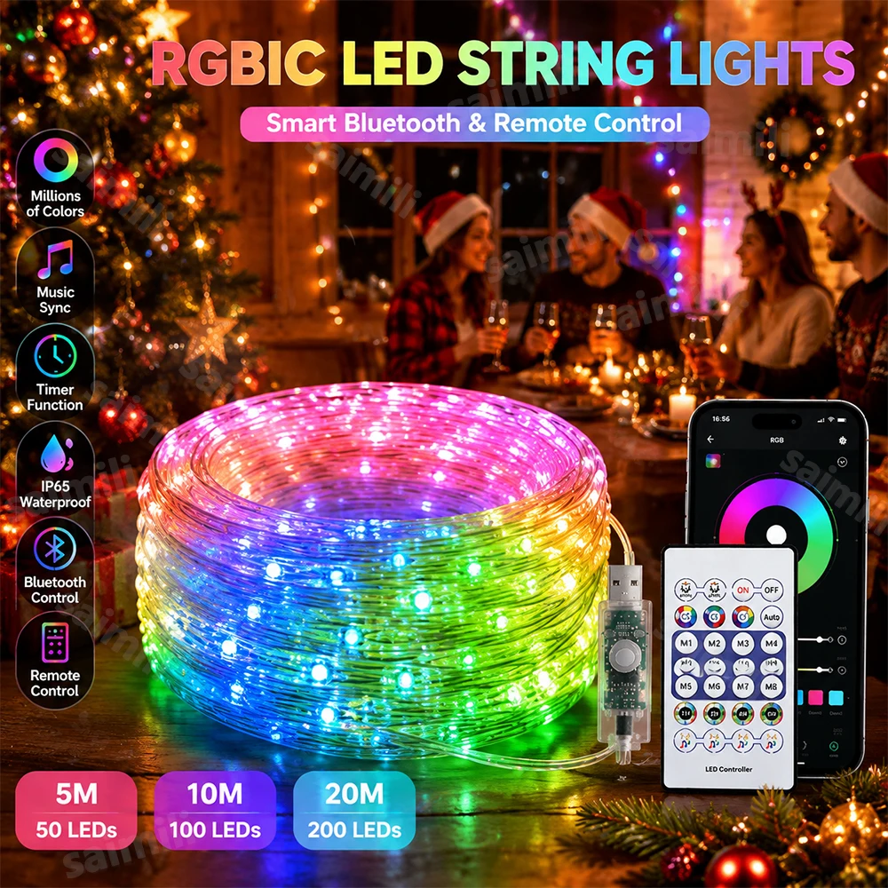 Addressable WS2812B RGBIC Fairy Lights USB Bluetooth APP Control Music Sync Waterproof For Christmas Holiday Party Home Decor