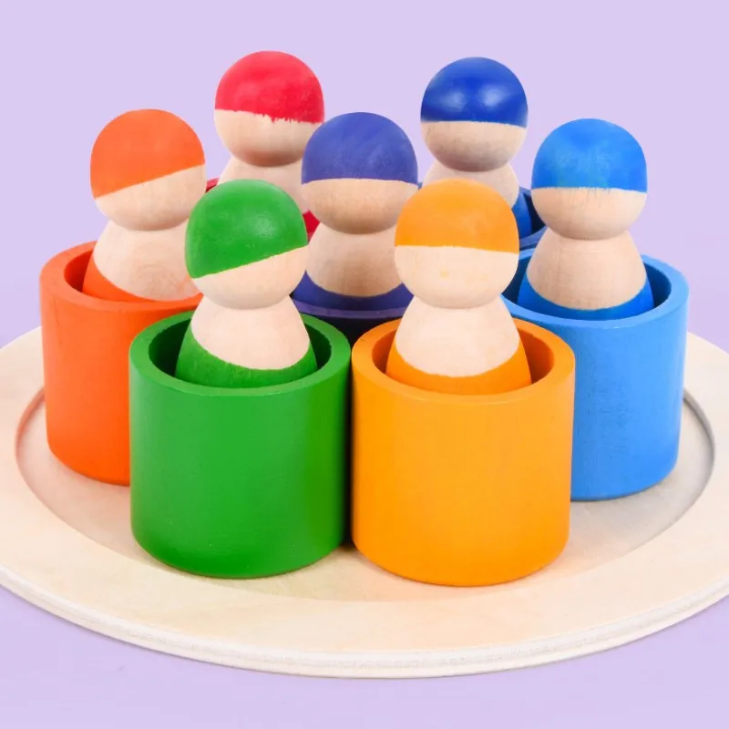 Building block villain wooden rainbow Waldorf 12 colors color cognition children puzzle stacked music cup toys