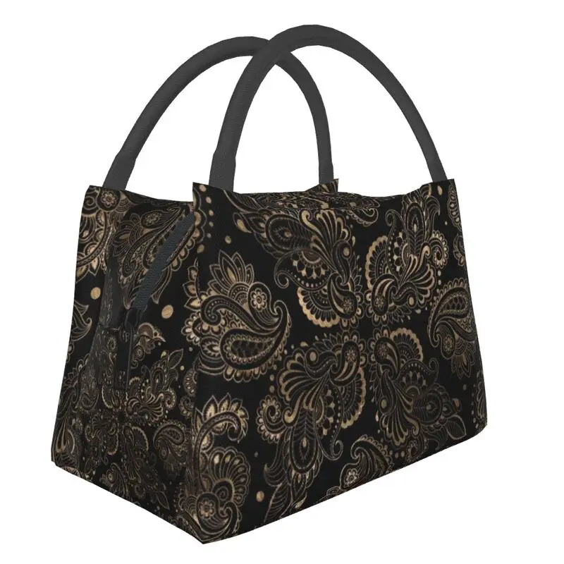 Black And White Paisley Chicano Bandana Style Thermal Insulated Lunch Bags Women Black And White Portable Lunch Meal Food Box