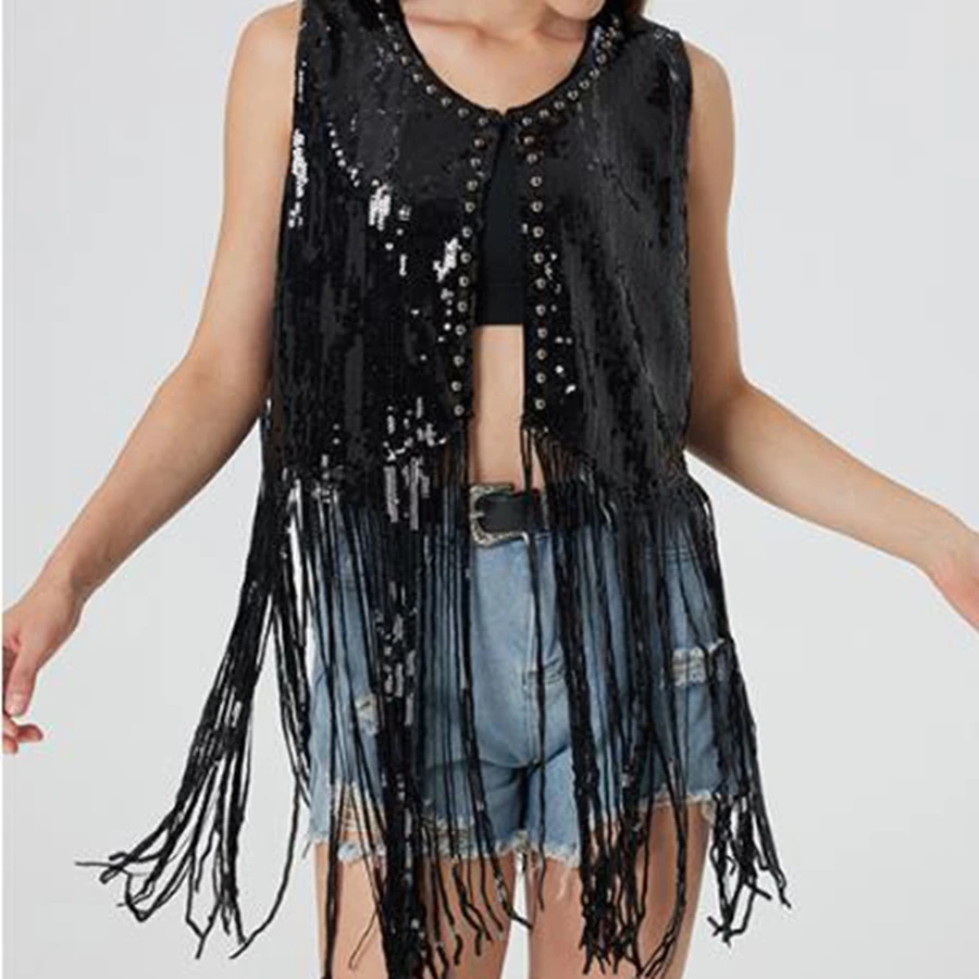 Bling Large Size Sequin Fringe Vest Brown Sleeveless Outerwear With Tassels Women Fashion Garment