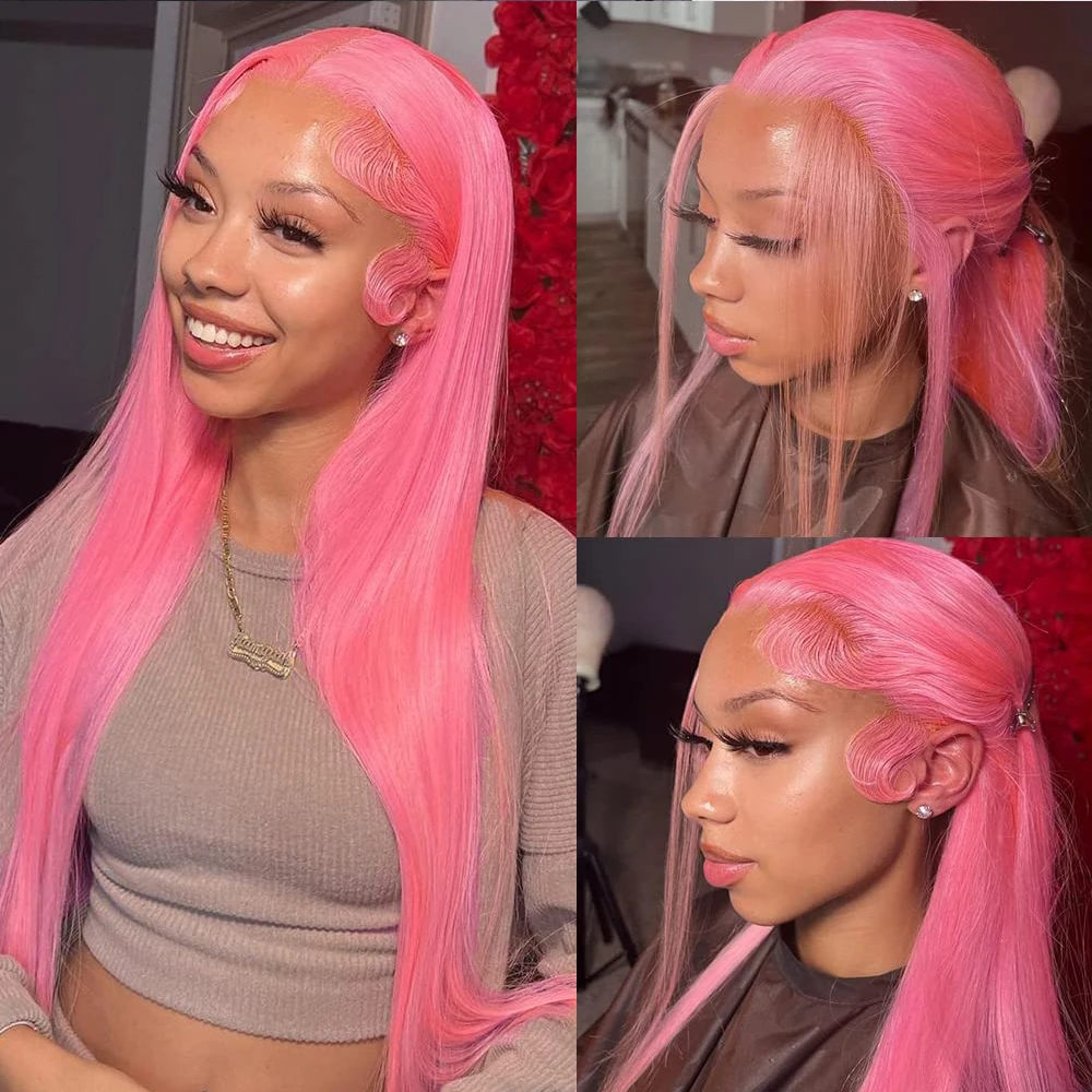 Pink Lace Front Wig Human Hair Preplucked Hd 13X4 Lace Frontal Wig Human Hair Bone Striaght Colored Human Hair Wigs For Women