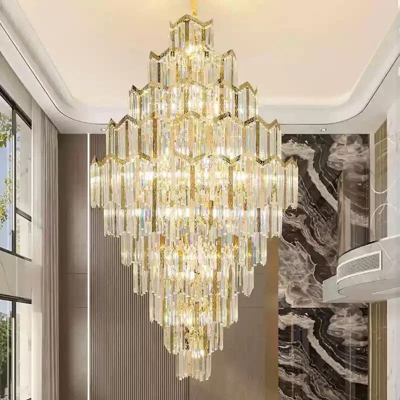 European Luxury Multi-Layer Geometric Crystal Chandelier, Gold Grand Pendant Light,  Duplex Villa Lobby Living Room Lighting
