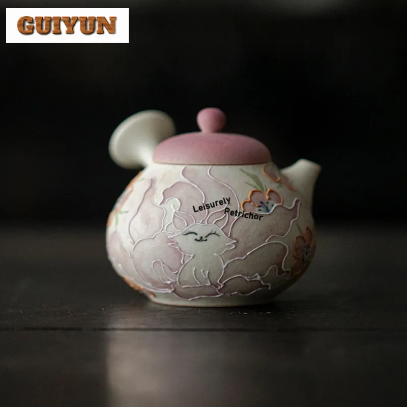 

140ml Hand-painted Nine-tailed Fox Side Handle Teapot Ancient Tea Infuser Pot Tea Maker Kettle With Strainer Tea Services Craft