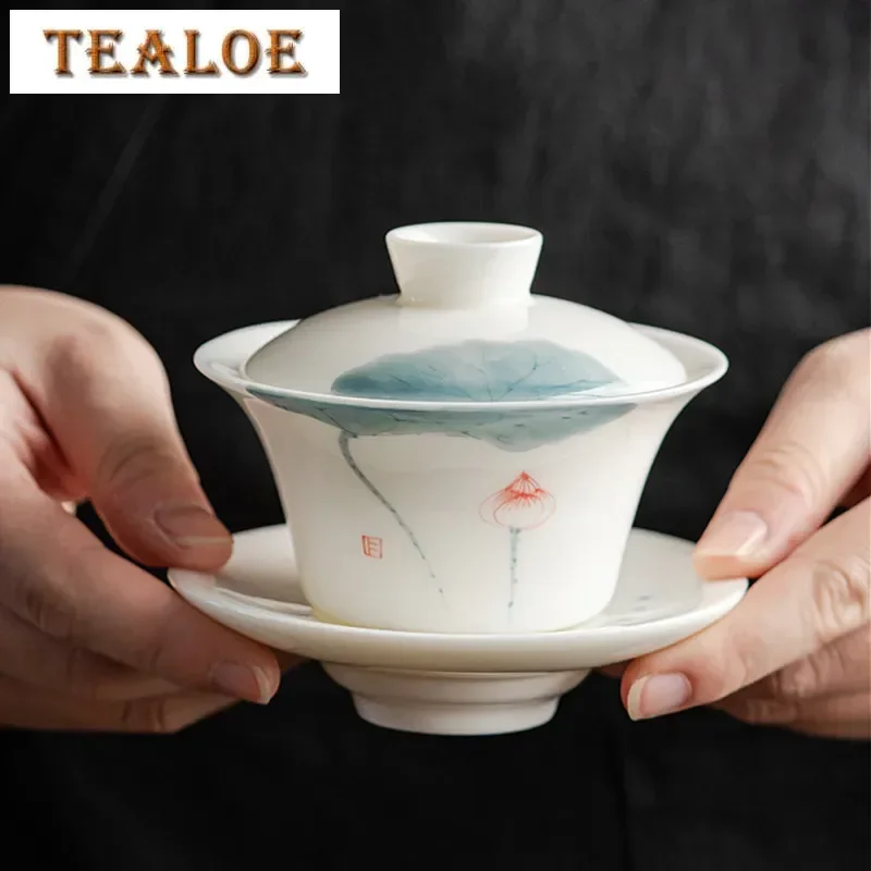 

120/140ml Hand-painted Goat Fat Jade White Porcelain Gaiwan Household Ceramic Tea Infuser Traditional with Cover Teacup