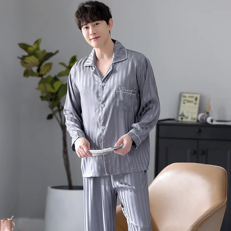 Spring and Autumn Men's Pajamas Cardigan Silk imitation Pyjamas Male Solid Color High Quality Pijamas Hombre Men's Homewear
