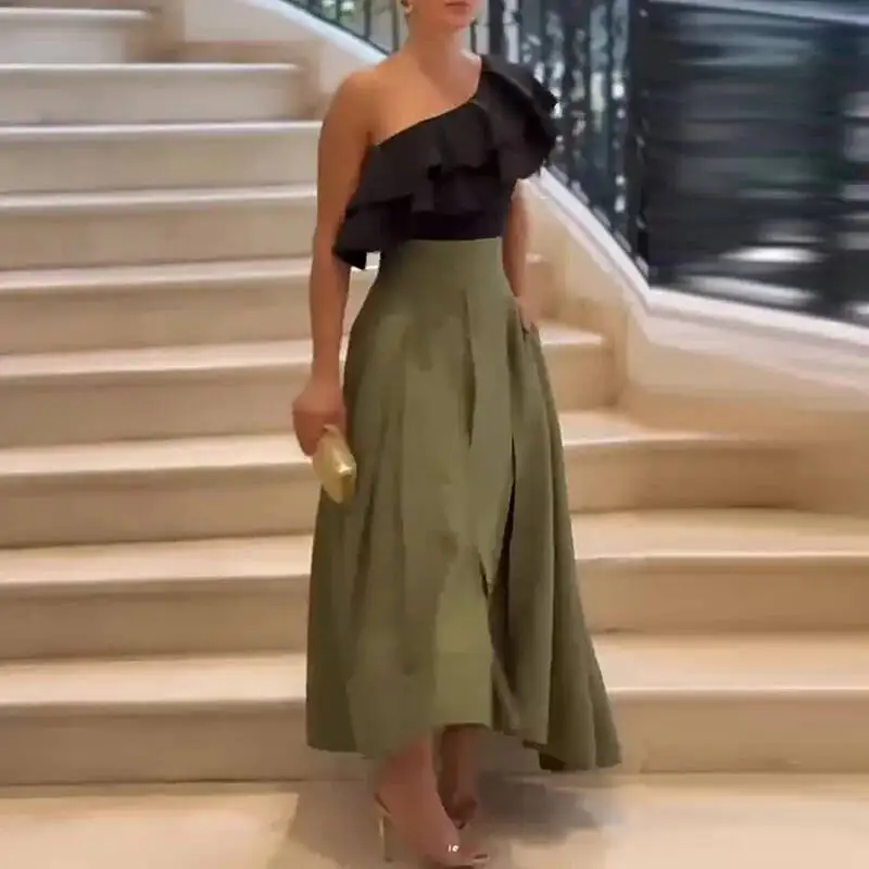 Femmes été une épaule creux Boho mode Patchwork longue fête printemps Sexy col incliné à volants bureau dame robe