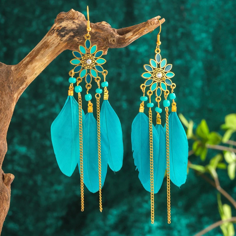 Böhmischen Lange Sonne Blume Feder Ohrringe für Frauen Trendy Ethnische Retro Gold Farbe Kette Quaste Ohrring Hochzeit Urlaub Schmuck – Detail 2