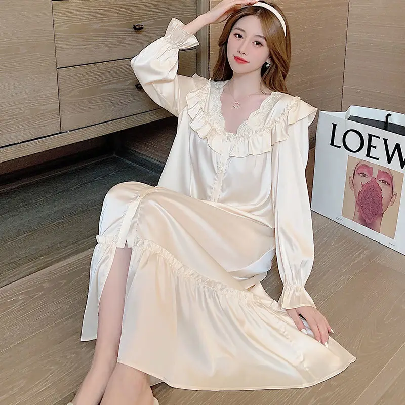 PLUS SIZE 4XL Female Nightgown French Ruffled Court Style Nightdress Sleepwear Long Sleeve Rayon Long Sleepshirt Sexy Homewear