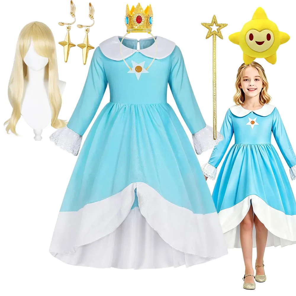2026 Movie Girls Princess Dress Video Game Star Pattern Outfit Rosalina Role Play Costume Kids Halloween Peach Cosplay Clothes