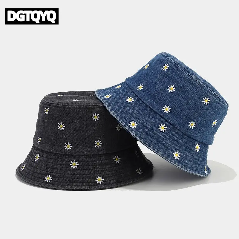 2026 New Summer Denim Daisy Flower Embroidery Bucket Hat Fisherman Hat Outdoor Travel Sun Cap for Men and Women