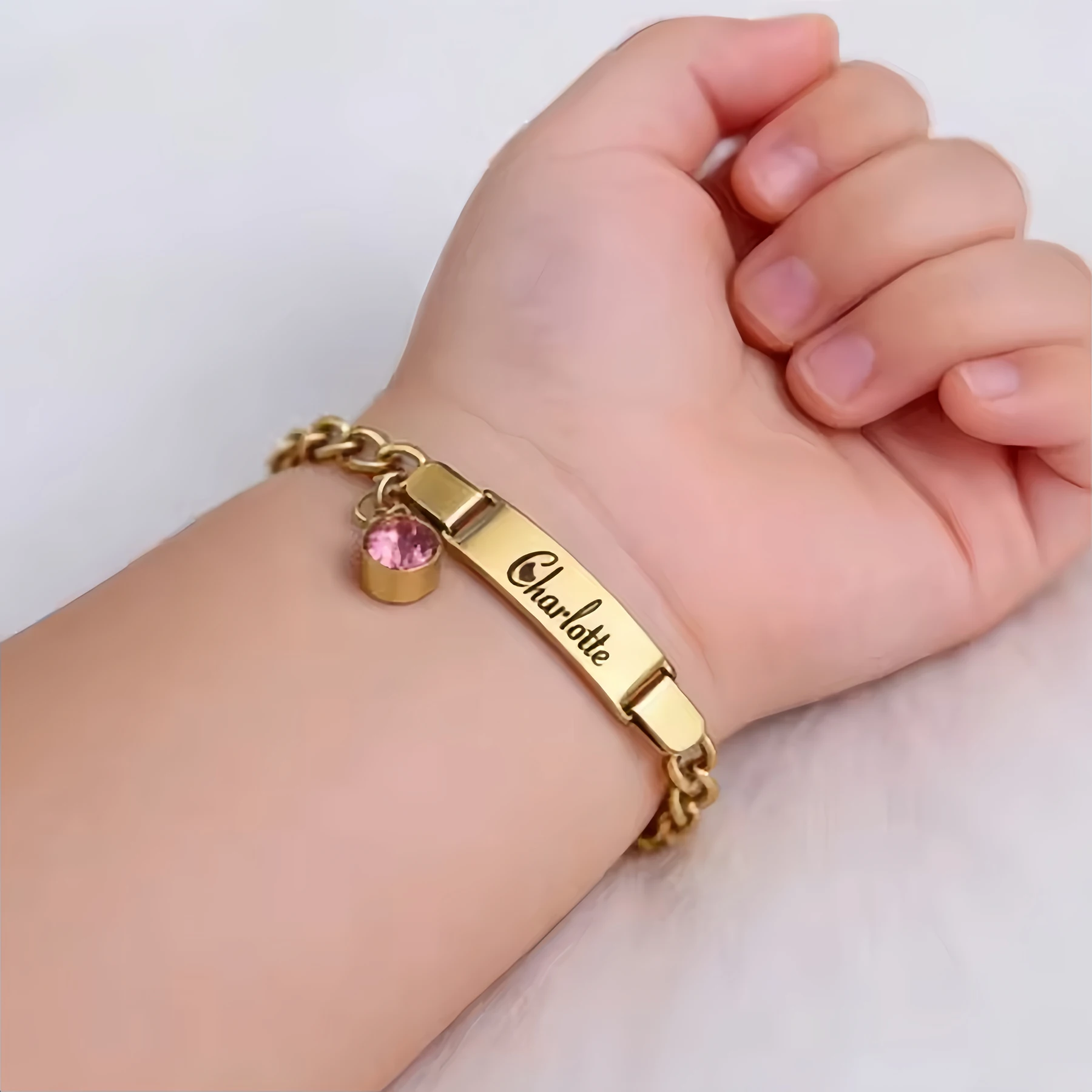 Custom Engraving Nameplate Birthstone Bracelet Hypoallergenic Stainless Steel Classic Personalized Children's Birthday Jewelry