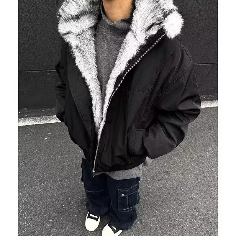 

Американское повседневное пальто с деконструированным меховым воротником, хлопковое пальто для мужчин и женщин, зимняя новая теплая хлопковая одежда, верхняя одежда