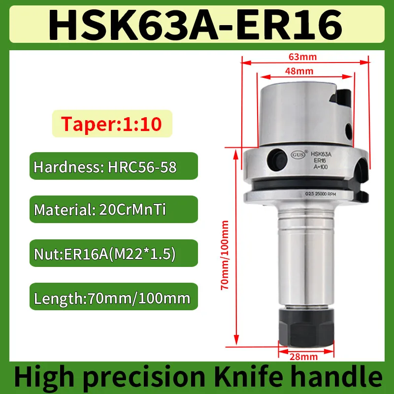 HSK63A tool holder ER16 ER20 ER25 ER32 ER40 Five axis machine tools High precisionG2.5 30000RPM CNC Spindle milling Collet chuck