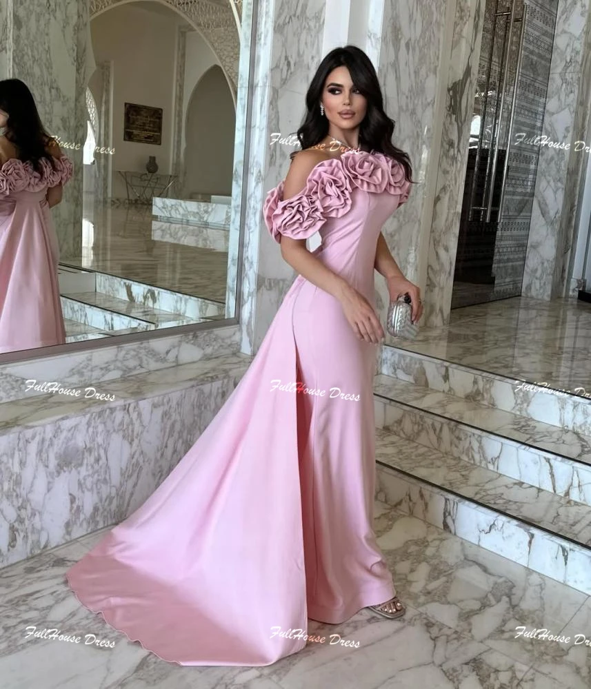 Custom Made Romantic Boat Collar Handmade Flowers Evening Dress Sexy Sheath Backless Floor Length Party Dress with Sweep Court