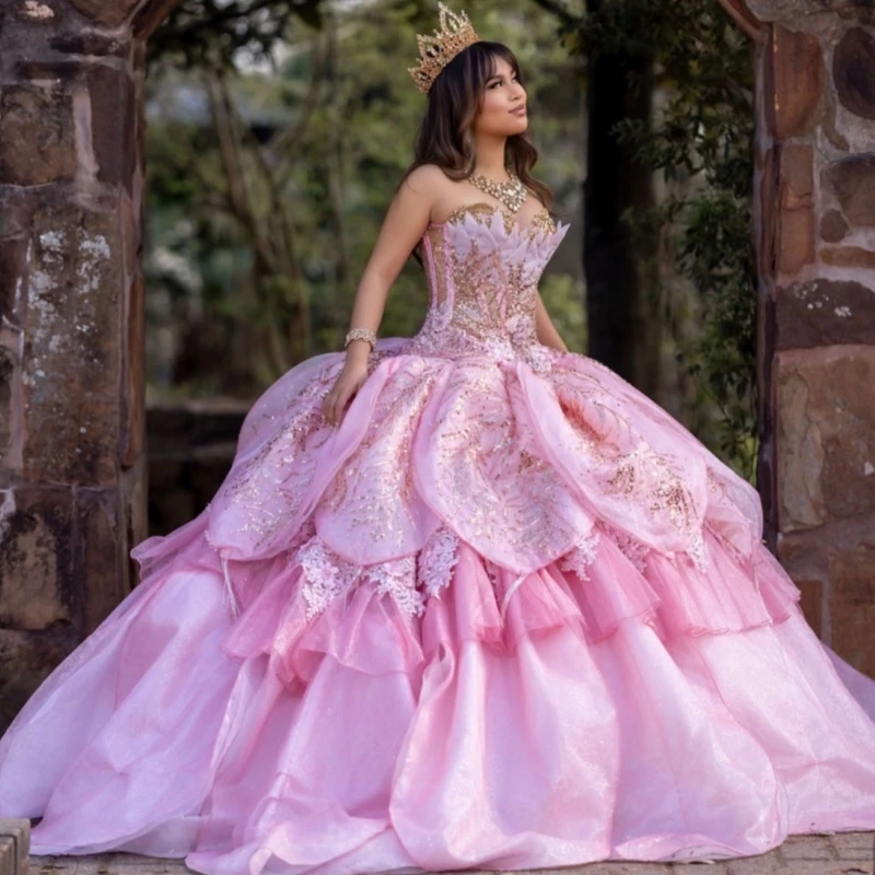 

Pink Shiny Ball Gown Quinceanera Dresses Applique Lace Beading Crystal Tiered Tull Corset Off Shoulder Sweet 16 Dress Vestidos