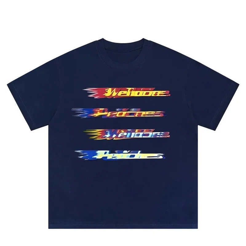 WE11-DONE CDG المتخصصة العلامة التجارية العصرية المتناقضة اللون ضبابي رصاصة الشاشة رسالة مطبوعة فضفاضة قصيرة الأكمام تي شيرت للأزواج