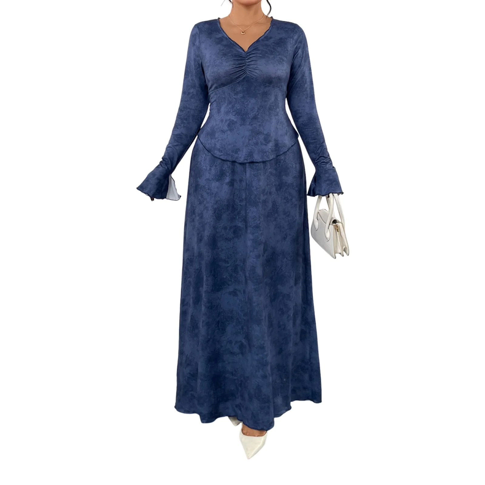 

Женские комплекты больших размеров, синие расклешенные топы с длинным рукавом и v-образным вырезом, жаккардовым узором, облегающие топы с эластичной резинкой на талии, длинные юбки, тонкие комплекты