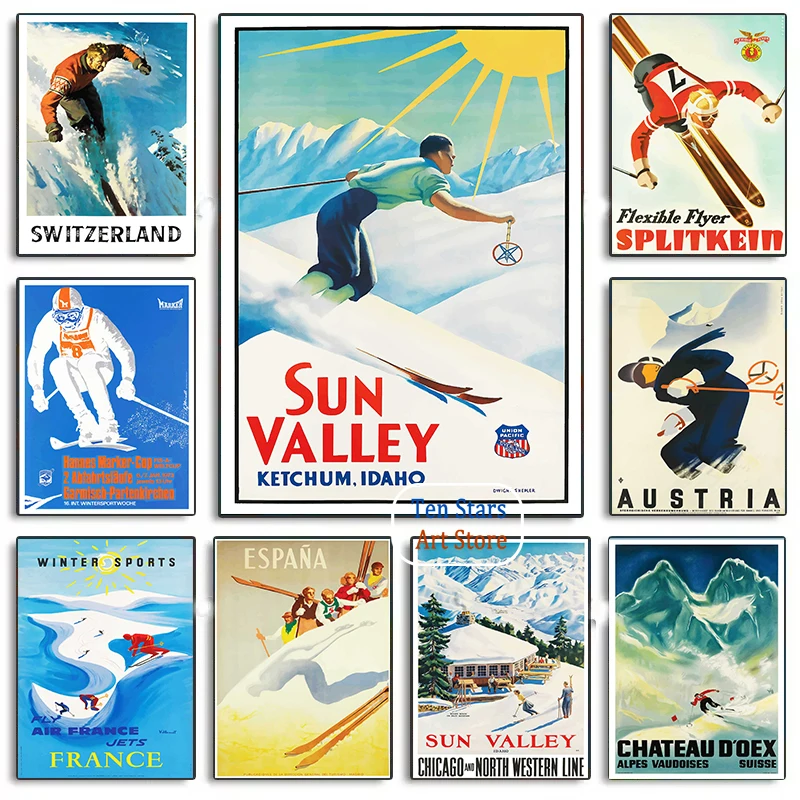 Vintage Ad Ski Winter Sport Sun Valley Skiing Switzerland France Winter Traveling Poster Canvas Painting Wall Picture Home Decor