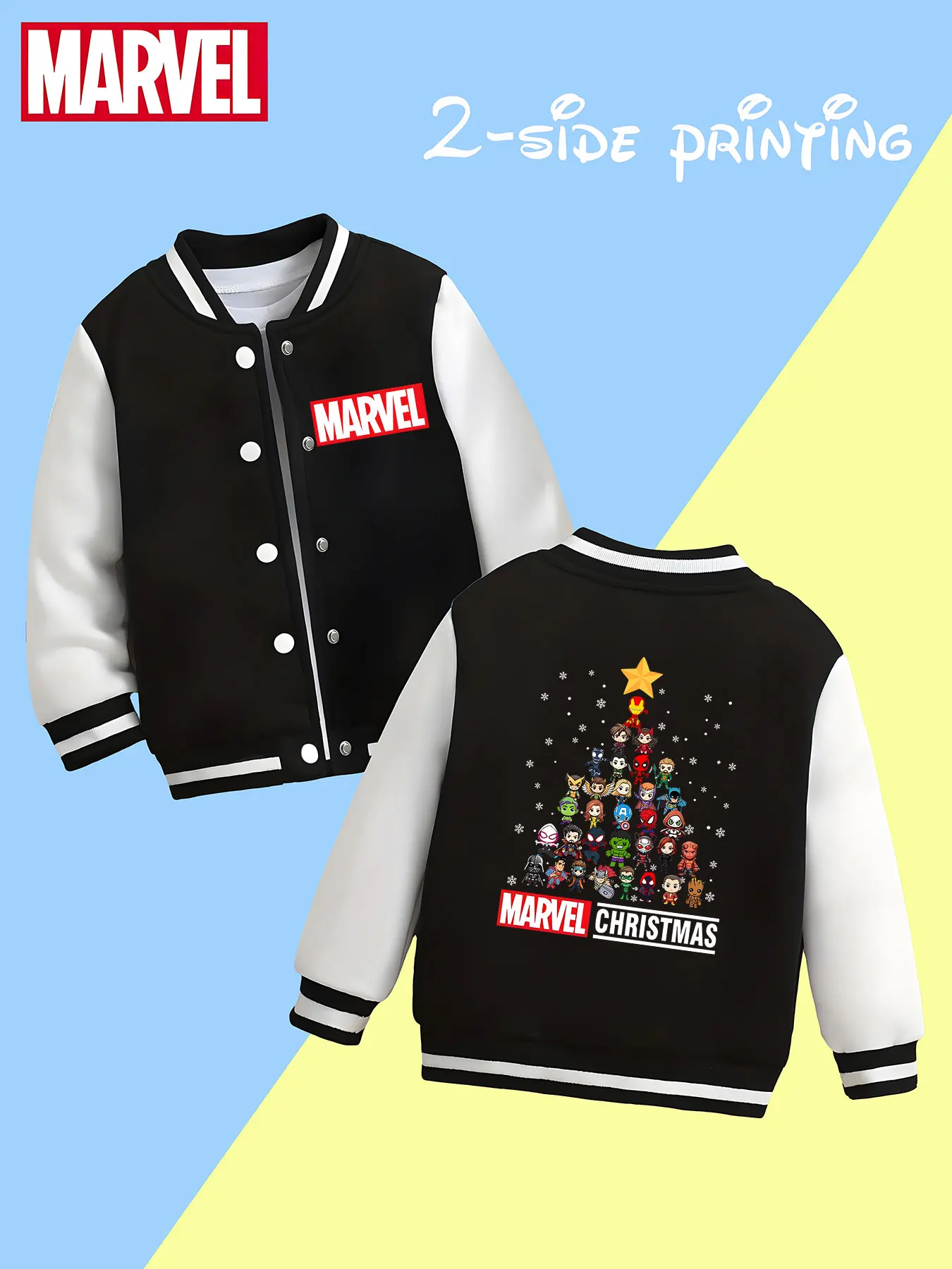 

MINISO Marvel Avengers Christmas themed boys' baseball jacket - Avengers heroes form a Christmas tree print, double-sided to sho